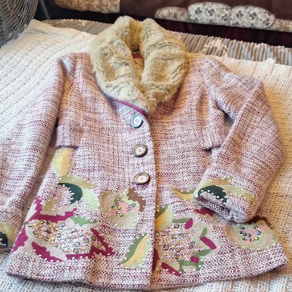 Kenzie Multicolor Pea Coat with Faux Fur Collar Size S - Picture 1 of 13